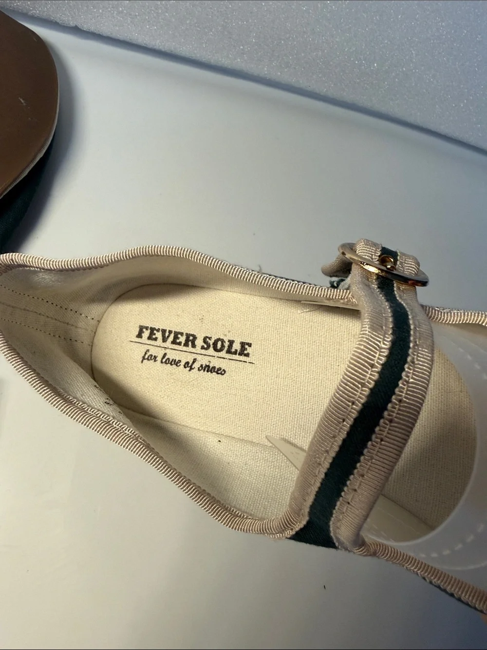 Dark Green Mary Jane Canvas Flats with Cream Trim and Buckle